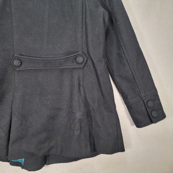 Kimchi Blue Black Wool Ruffled Button High Neck Classic Warm Pea Coat Jacket - Picture 11 of 15